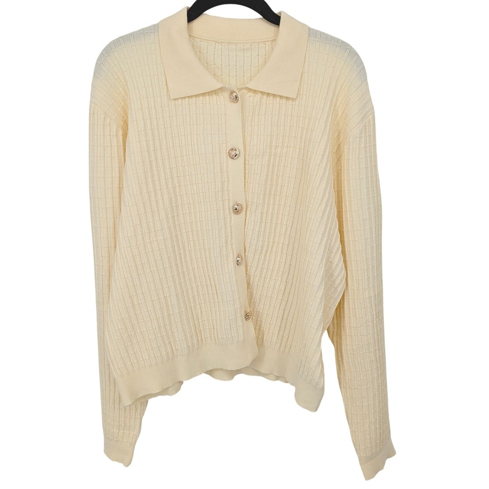 Zaful Cardigan Women 12 14 Butter Yellow Collared Button Down Ribbed Knit Preppy
